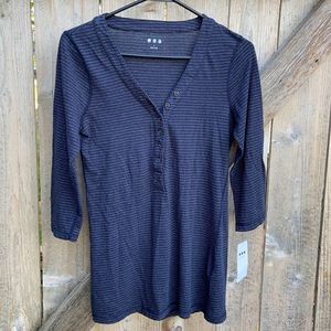 Three Dots Black and Gray Striped V-Neck Henley Top